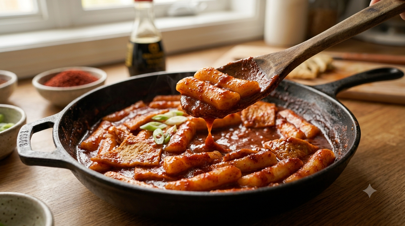 Tteokbokki rice cakes in red sauce illustrating the difference a chili substitution can make