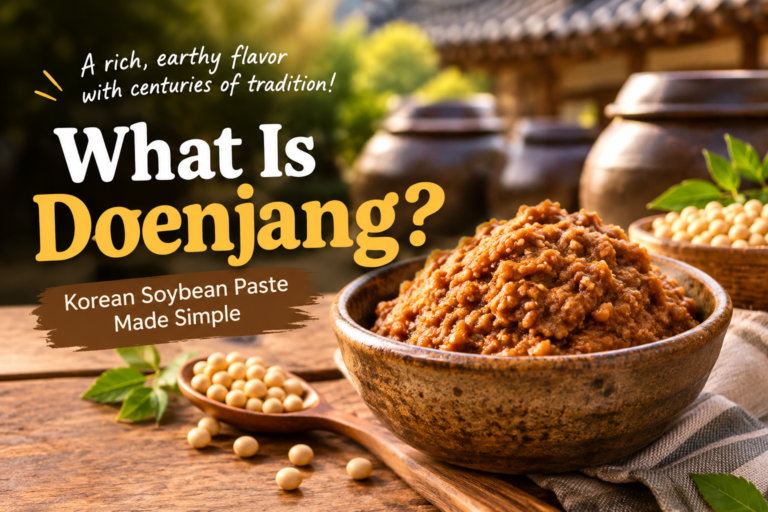 Korean doenjang fermented soybean paste in a rustic ceramic bowl with soybeans and traditional Korean earthenware jars